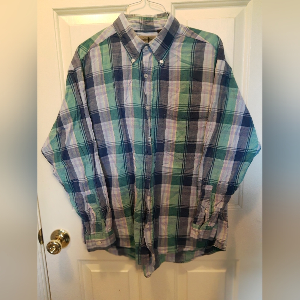 Vintage Blue, Green Plaid Men's Button Down Dress Shirt By Robert Stock size Med